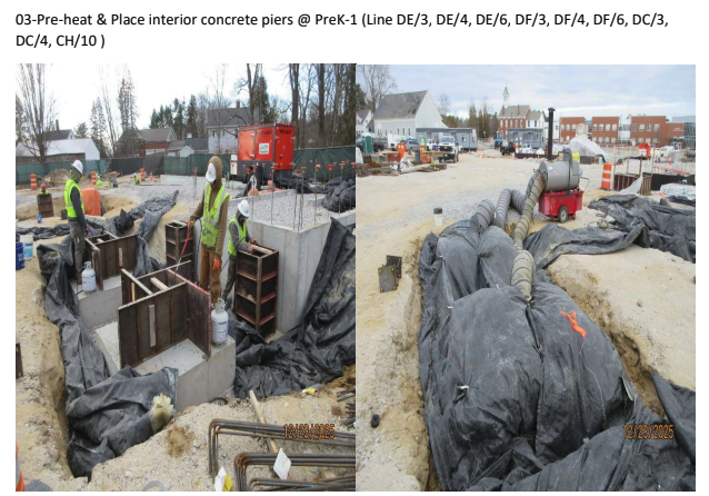 Workers installing concrete piers at a construction site.