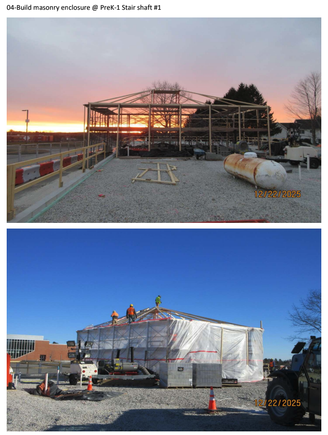 Steel framing and scaffolding at a construction site during sunset.